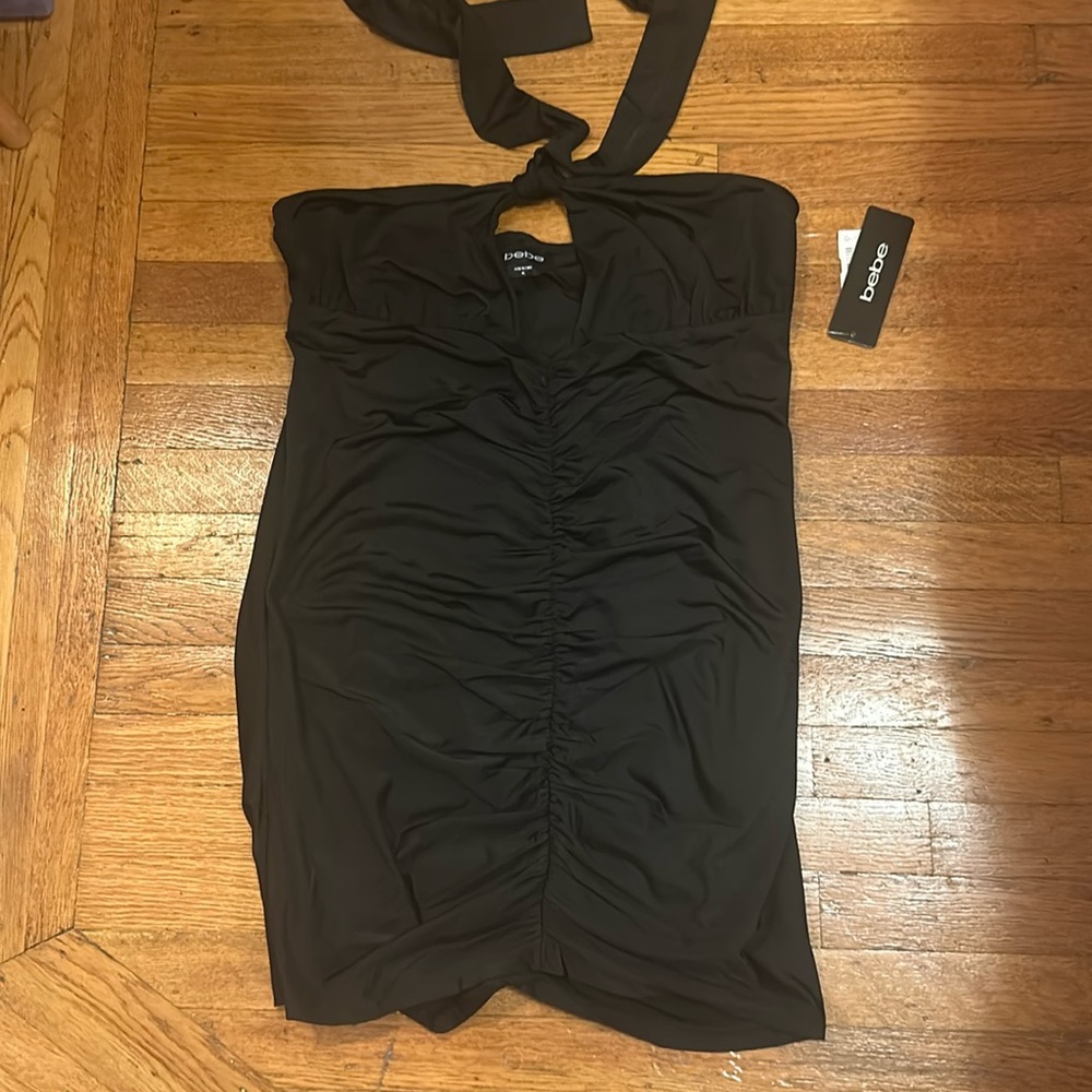 Bebe black dress halter tie ruched mini dress
